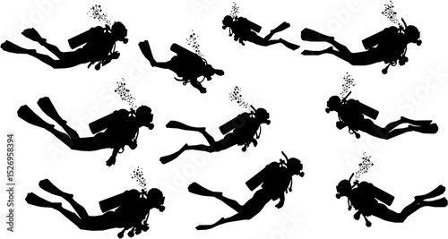 Vector detailed set silhouettes of scuba diving isolated on white background. Vector illustration
