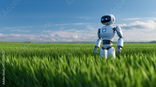 Humanoid robot walking through a green agricultural field under blue sky.
