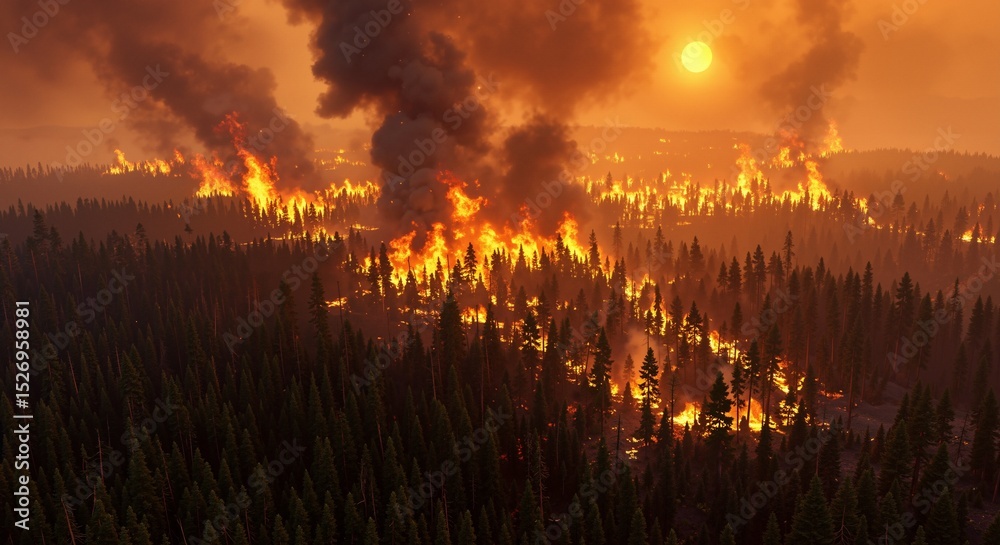 Obraz premium Aerial View of Devastating Wildfire Consuming Forest under a Fiery Sunset Sky, Revealing the Impact of Climate Change and Environmental Destruction