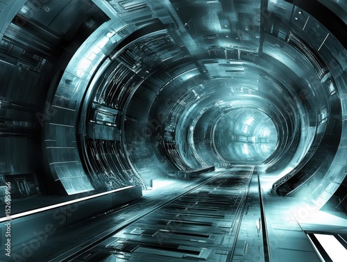 Sleek, futuristic tunnel, illuminated with glowing panels, leading to bright horizon.