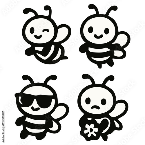 Cartoon bee icon set. Bee flying on a dotted route isolated on the white background. Vector illustration