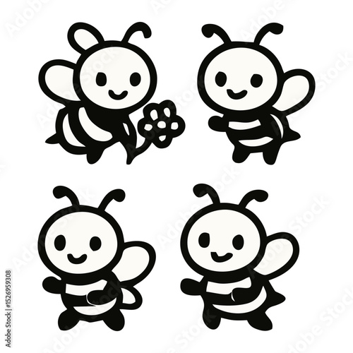 Cartoon bee icon set. Bee flying on a dotted route isolated on the white background. Vector illustration