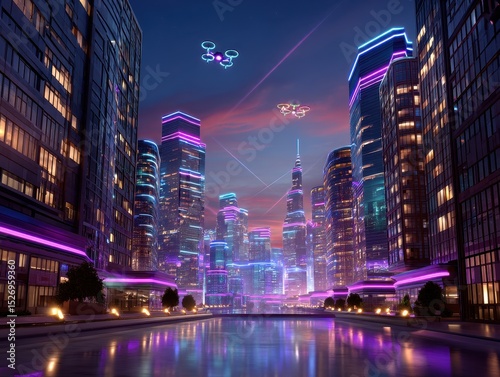 Vibrant, neon-lit cityscape, futuristic skyscrapers, with flying drones, reflecting on water.