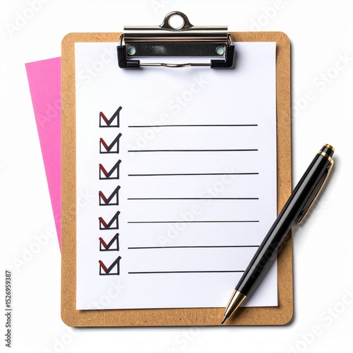 Checklist on Clipboard with Pen and Pink Note