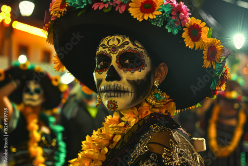 Woman in a sombrero with a face painted with a skeleton and flowers