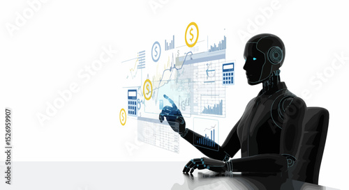 Artificial Intelligence Analyzing Financial Data A Robot s Perspective on Market Trends and Investment Strategies with Interactive Charts and Calculators in a Modern Workspace Setting