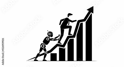 Human and Robot Collaboration for Business Growth A Depiction of Partnership and Technological Advancement Leading to Success and Ascending Market Trends