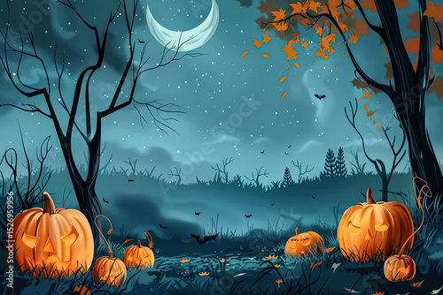 Halloween scene with a moon in the sky and a forest with trees