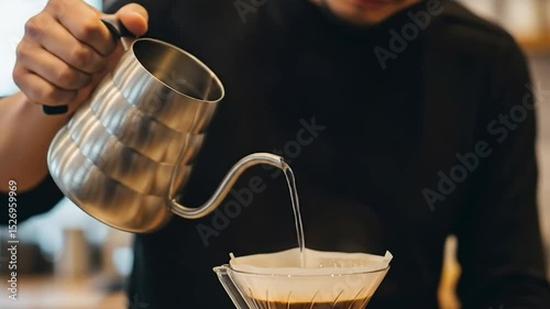 man pouring hot water into glass