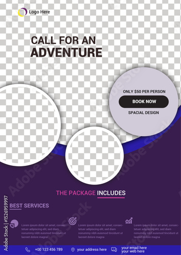 Adventure Travel Flyer Template with Purple Theme and Circular Photo Frames – PSD Design for Tour Packages