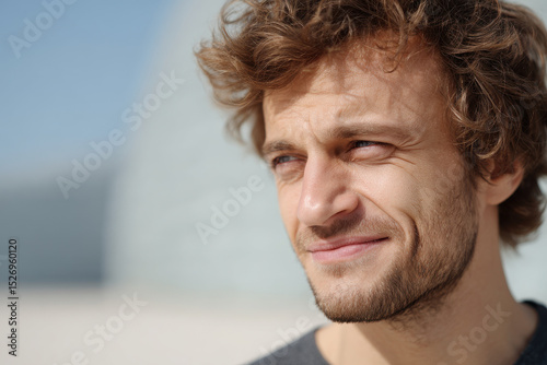 portrait of mischievous slacker positioned to right with subtle smile