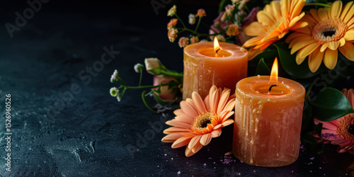 Two candles are lit on a dark background with flowers