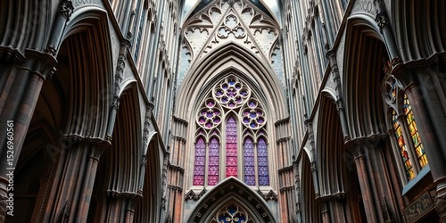 Intricate engraved cathedral, Gothic architecture, stonework detail, stained glass hints,  pattern,  background