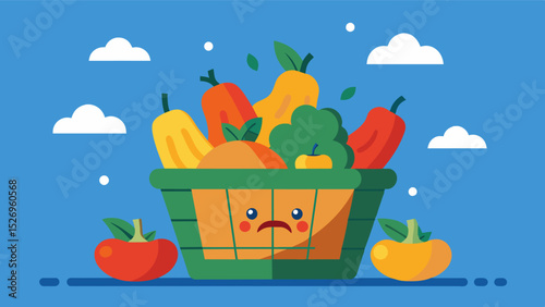 A basket overflowing with just a few measly zucchinis and a few sad looking bell peppers serving as a visual representation of the strain on household budgets.. Vector illustration