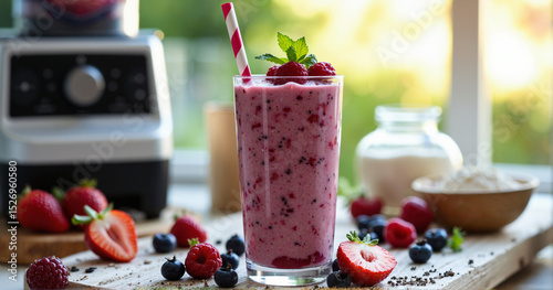 Wallpaper Mural A vibrant berry protein smoothie in a tall glass, perfect for health blogs, fitness ads, and wellness content. Torontodigital.ca