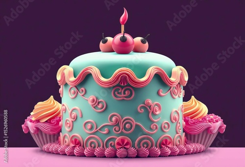 Intricate flat vector cake designs, skillfully piped frosting swirls & embellishments,   modern,   creative