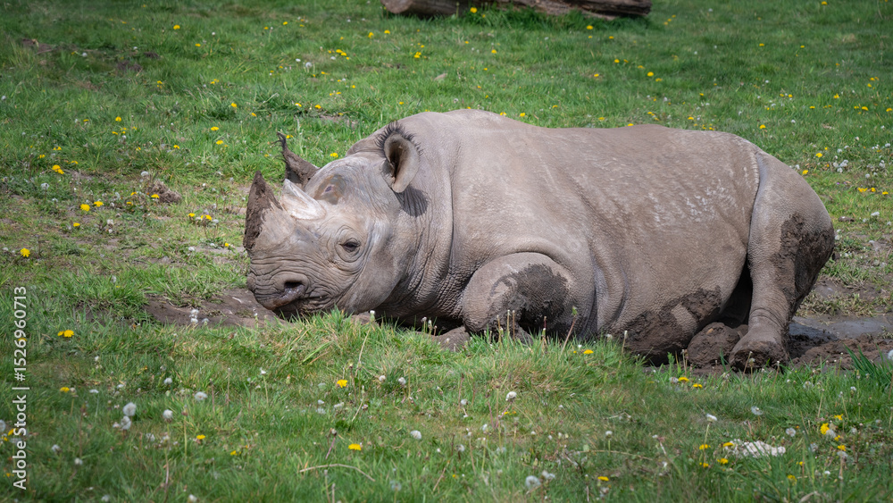 Naklejka premium Black Rhinoceros Rolling in Mud