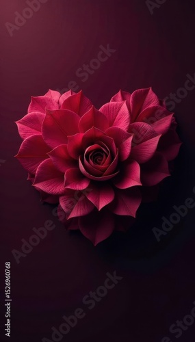 Deep burgundy floral heart shape, lush petals , bloom, gerbera, anemone