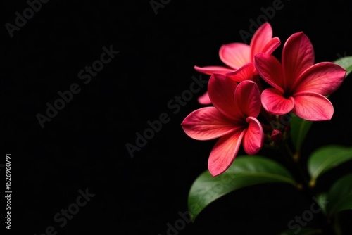 Vibrant red plumeria blossoms against a stark black backdrop , background, detail, image