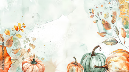 Watercolor painting of pumpkins and leaves with a white background