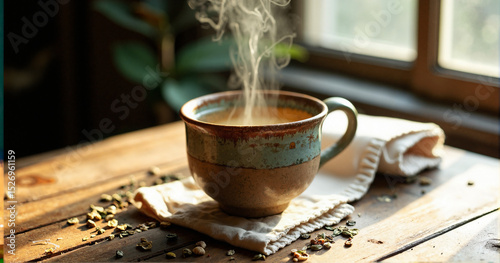 Wallpaper Mural A steaming ceramic mug of sobacha tea on a rustic wooden table, perfect for health and wellness campaigns and cozy café branding. Torontodigital.ca