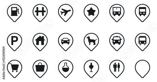 Set of Black and White Location Pin Icons for Maps and Navigation Applications Representing Various Points of Interest and Services