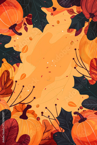 Colorful drawing of pumpkins and leaves with a yellow background