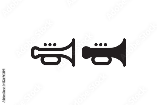 Minimalist black and white illustrations of two trumpets in simple design.