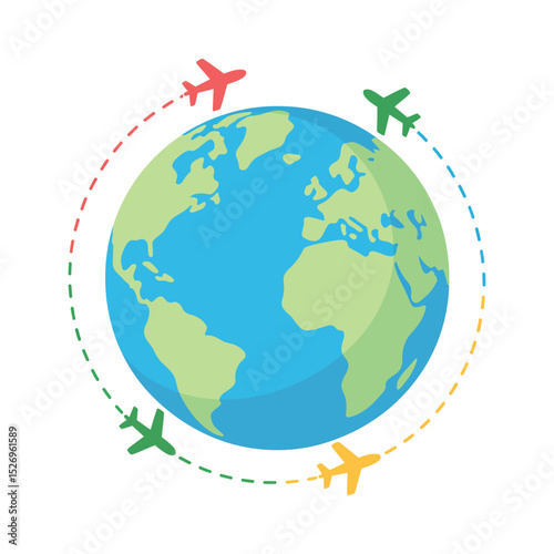 Global Travel Concept with Airplanes Flying Around the World Representing International Destinations and Worldwide Transportation Isolated on White