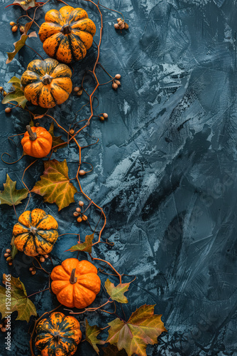 Blue background with a row of pumpkins and leaves