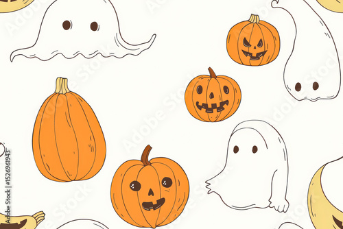 Halloween themed pattern of pumpkins and ghosts