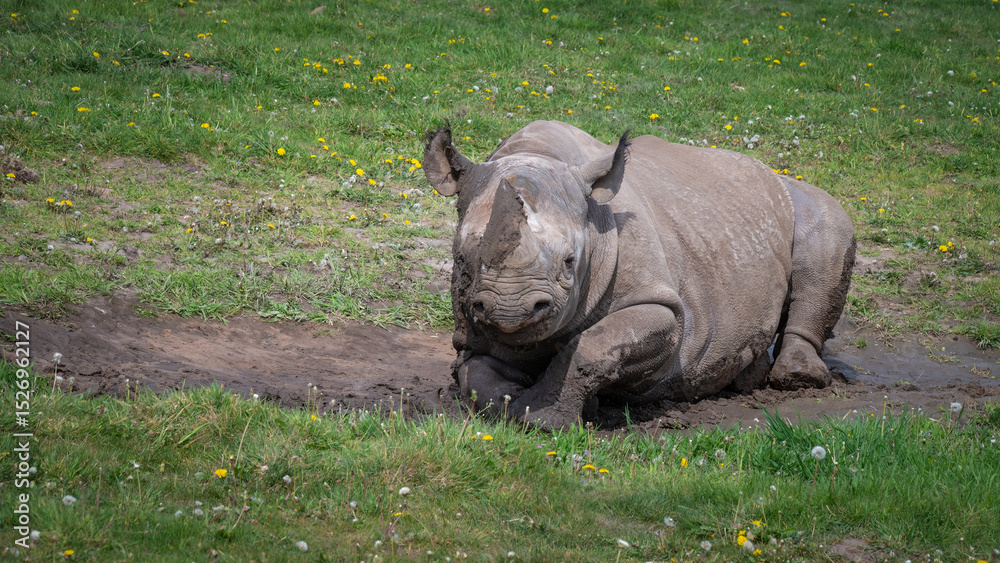 Fototapeta premium Black Rhinoceros Rolling in Mud