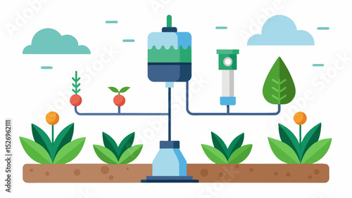 A smart irrigation and fertilizer injection system that work together to deliver the perfect balance of water and nutrients for improved plant growth.. Vector illustration