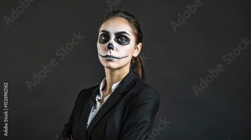 Woman in a black suit with a skull painted on her face