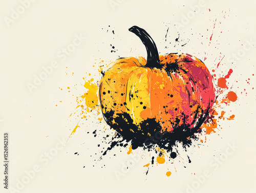 Pumpkin with a black stem is splattered with paint