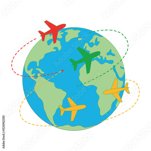 Global Air Travel Routes with Airplanes Circling the Earth Representing International Flights and Worldwide Transportation Networks in a Flat Design