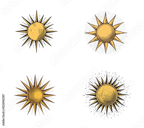 Ícones de sol estilizado com efeito radial em estética de racunho