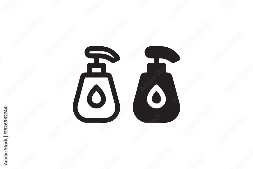 Fototapeta premium Monochrome outline of two soap dispensers with drop icons.