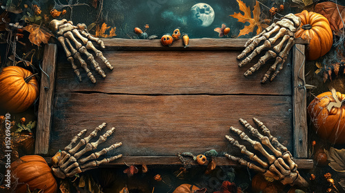 Wooden sign with two hands holding it and a pumpkin on the left side