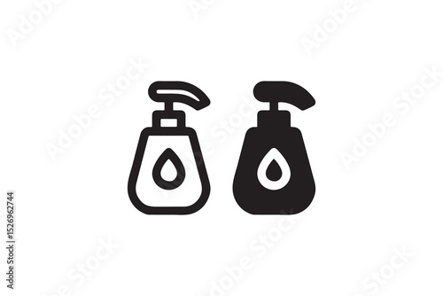 Monochrome outline of two soap dispensers with drop icons.