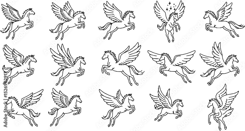Obraz premium Pegasus flying with open wings line icon. Mythical winged horse symbol in minimal line art style. 