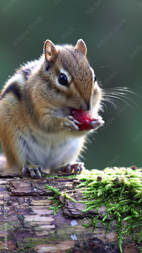Tight close-up video of a furry chipmunk with brown and black stripes, calmly eating a vibrant red berry on a mossy log in a sun-dappled summer forest with blurred lush green bokeh background.
