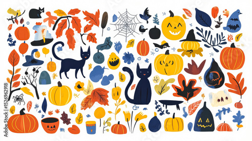Colorful and whimsical illustration of Halloween decorations and animals