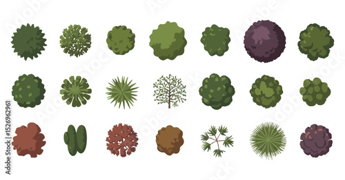 Collection of Top View Tree Illustrations for Architectural and Landscape Design Including Various Shapes Sizes and Colors on a White Background
