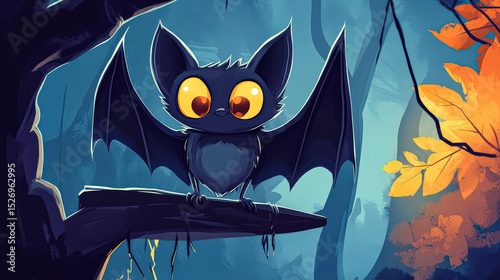 Cartoon bat with big eyes is perched on a tree branch