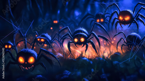 Group of creepy looking spiders with glowing eyes