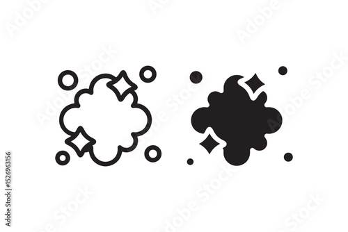 Black and white magic cloud icon with sparkles and circles.