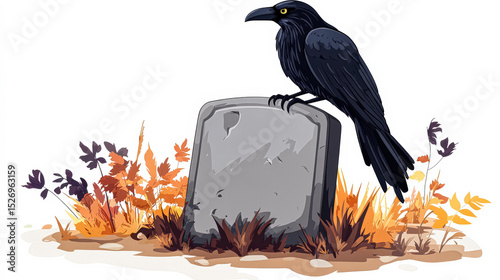 Black crow is perched on a gravestone