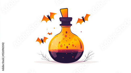 Bottle of liquid with a cork stopper and three bats on top of it