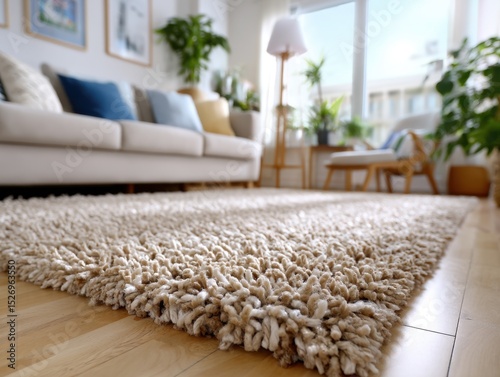 A welcoming living space showcases a plush rug on warm wooden flooring, with a comfortable sofa adorned with cushions, plants adding freshness, and sunlight filling the room.